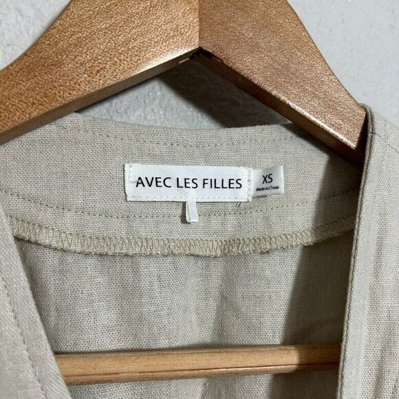 Avec Les Filles Linen Blend Mini Wrap Dress XS Beige Tan Sleeveless V Neck - Picture 4 of 5